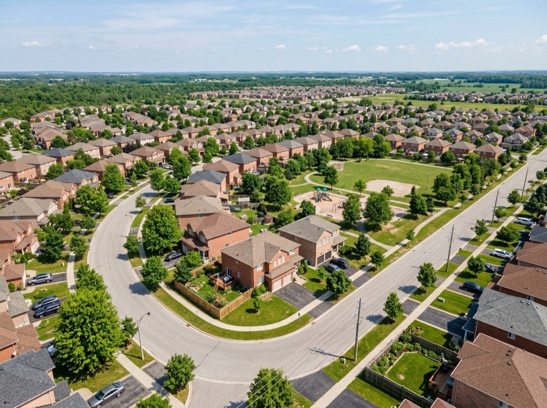 Aerial view of a tree lined residential neighbourhood in Bowmanville, Ontario
