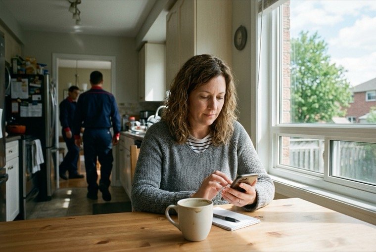 Homeowner booking an HVAC service call on a phone at the kitchen table