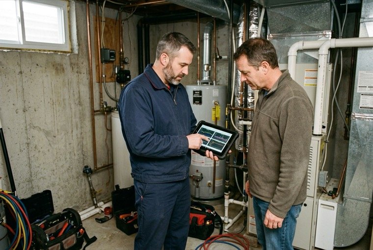 Technician showing a homeowner the diagnosis on a tablet
