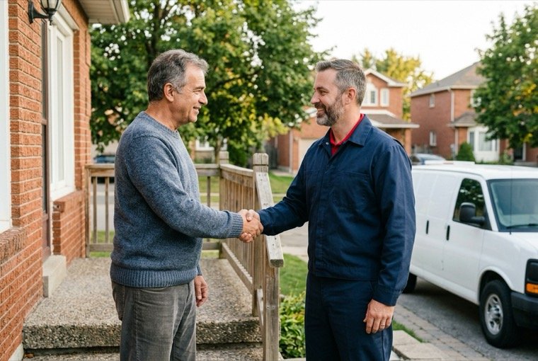 Homeowner and technician shaking hands at the door after a completed job