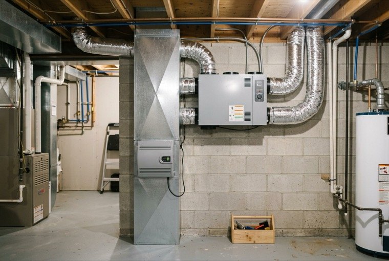 Heat recovery ventilator and whole home air cleaner mounted on ductwork