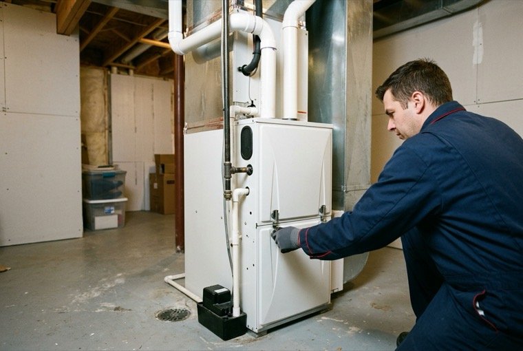 High efficiency gas furnace installed in a clean Ontario basement utility room