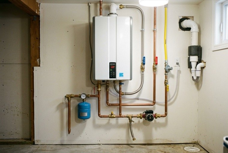 Tankless water heater mounted on a utility room wall with copper piping